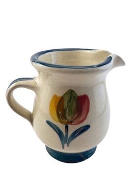 Vintage Danish Tulip Small Ceramic Pitcher Handpainted Signed Paul Blue Rim